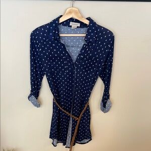 Passport Blue and White Button Down Dress with Notched Collar